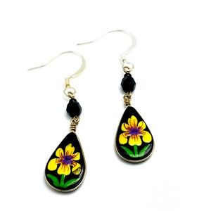 BOGO Handmade yellow iris dangly earrings black